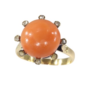 Vintage antique ring with rose cut diamonds and large blood coral